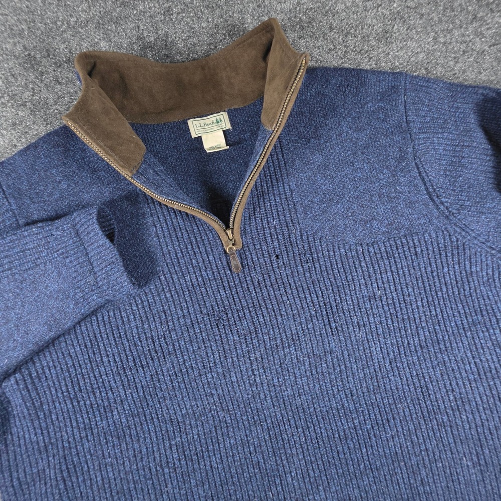 L.L. Bean Sweater Mens XL Blue 100% Merino Lambswool Quarter Zip Ribbed 237808